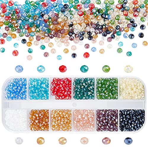 PH PandaHall 1200pcs Briolette Glasperlen 3mm, 12 Farben Kristall Tschechische Glas Seed Beads Elektroplatte AB Farbe Mini Abstandshalter Lose Perlen für Ohrring Armband Halskette Schmuck DIY
