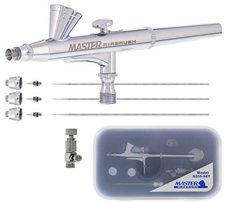 Master Performance G255 Pro Set Master-Airbrush mit 3 Düsensets (0,2, 0,3 und 0,5 mm Nadeln, Flüssigkeitsspitzen und Luftkappen) – Dual-Action-Airbrush, 1/16 Unzen Becher – Airbrush-Anleitung – Art Hobby Cake