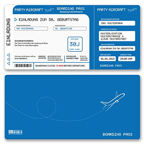 (30 x) Einladungskarten Geburtstag Flugticket Ticket Karte Einladungen in Blau