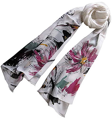 nella-mode traumhaft schöner SEIDENSCHAL, weiss mit künstlerischem floralem Design; feiner modischer Schal aus 100% Seide, handrolliert