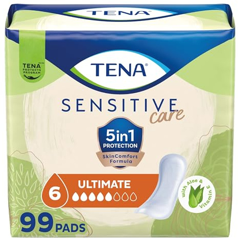 TENA Incontinence Pads, Bladder Control & Postpartum for Women, Ultimate Absorbency, Aloe and Vitamin E, Sensitive Care - 99 Count