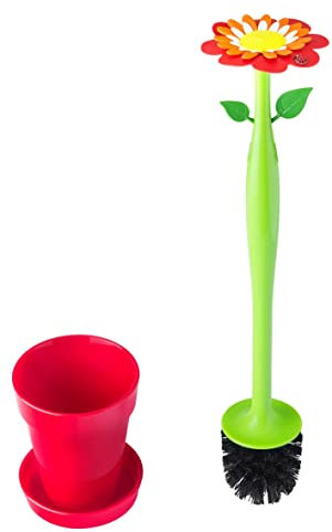 Vigar Flower Power de Juego de Escobilla y Soporte para Inodoro, 11,5x11,5x48 cm, Escobilla de Inodoro con Mango en Forma de Margarita, Base de Maceta Roja con Platillo para Baño