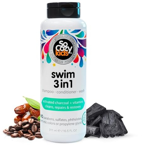 SoCozy Swim 3 in 1 Shampoo + Conditioner + Body Wash - Activated Charcoal Cleanses & Repairs Hair Damaged by Pool Chemicals, Saltwater, the Sun - Loco Lime Scent, 10.5 Fluid oz