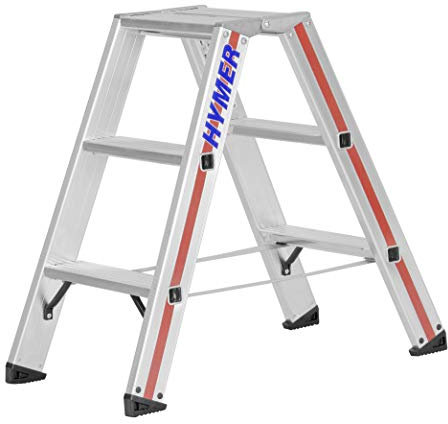 Hymer Stufenstehleiter 2x3 Sprossen (beidseitig begehbar, verstärkte Stufen, massive Gelenke, Spreizsicherung) 802406
