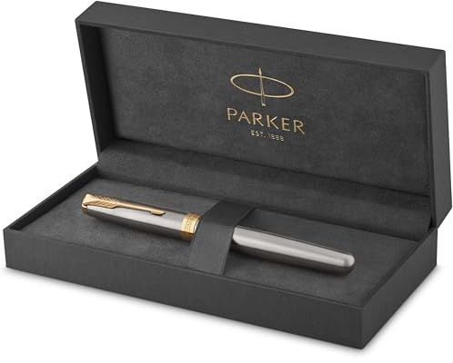 Parker Sonnet Füller | Edelstahl mit Goldzierteilen | Füllfederhalter mit feiner Feder | Geschenkbox