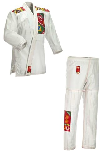 Ju-Sports BJJ Gi Kids Weiß I Leichter, schlanker Brazilian Jiu Jitsu Anzug speziell für Kinder, BJJ Gi im bunten Design inkl. weißem Gurt, 100% Baumwolle