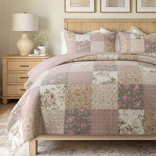 SLPR - Secret Garden Pink Patchwork Cotton Quilt Set, King with 2 Shams