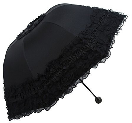 FakeFace® Damen Mädchen 100% Polyester Spitze Faltbarer Regenschirm Sonnenschirm Manuell UV-Schutz Schirm für Outdoor Camping Fashion Geschenk (Schwarz)