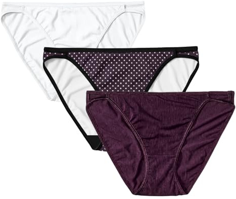 Vanity Fair Women's Illumination String Bikini Panties, Nylon Underwear, 3 Pack, Star White/Premiere Dot Print/Sangria, Size 6