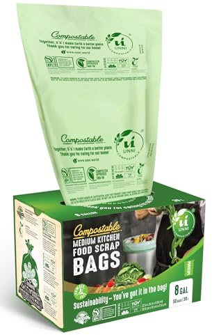 UNNI Compostable Trash Bags, 8 Gallon / 30 Liter, 50 Count, Extra Thick 0.85 mil Medium Kitchen Food Scrap Bin Liners, Certified by BPI, CMA & OK compost HOME, Meets the ASTM D6400 Standard