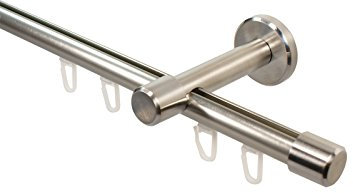 iso-design Gardinenstange Innenlauf 1-läufig 16 mm Durchmesser Farbe Edelstahl Wandmontage Innenlaufstange aus Metall Wandabstand 7 cm, Endstück Kappe, 120 cm