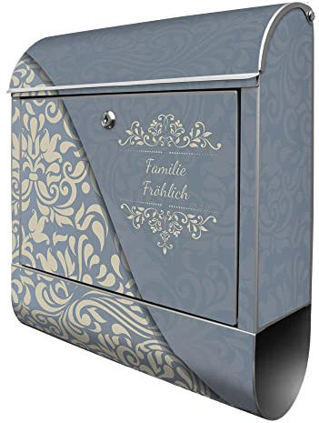 banjado Design Briefkasten personalisiert Motiv WT Blaues Ornament 38,5x46,5x13cm & 2 Schlüssel - Briefkasten Stahl Silber Zeitungsfach pulverbeschichtet - Postkasten A4 Einwurf inkl. Montagematerial
