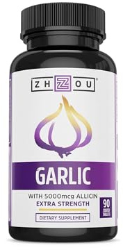 Zhou Garlic with Allicin - Garlic Supplements, Odorless Garlic Extract Pills for Men & Women, 5000 mcg Allicin Per Tablet for Immune & Heart Health - 90 Coated Tablets (Pack of 1)