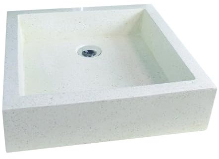 ONDÉE - Vasque à poser TIMBRE 40 - Le timbre carré en Terrazzo. Vasque sans trop plein - Livrée sans bonde ni robinetterie - Prévoir l'achat d'une bonde à écoulement libre - Largeur 40cm - Crème