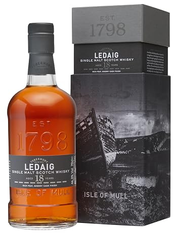 Ledaig 18 Year Old Single Malt Scotch Whisky, 70cl | 46.3% ABV | Peppery, Smoky and Malty Artisanal Whisky | Hebridean peated Single Malt Whisky​
