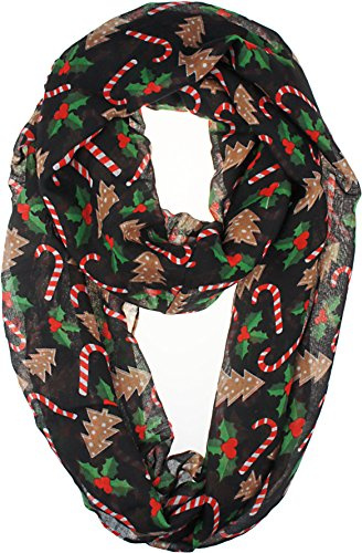 VIVIAN & VINCENT Fall Winter Soft Lightweight Sheer Infinity Christmas Scarf for Women Holiday Decorations for Girls Black Candy Cane, Xmas Trees and Poinsettia