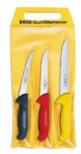 F. DICK Messer Set ErgoGrip 3-teilig (Ausbeinmesser 13 cm „flexibel“, A. Messer 15 cm „breit“, Stechmesser 18 cm, HRC 56°) 82551000 „Zerlegemeisterschaft“, Schwarz, Rot, Gelb