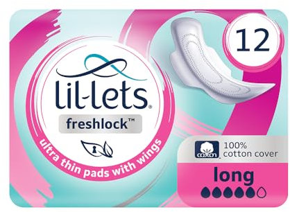 Lil-Lets Freshlock™ Ultra Thin Period Pads - 12 Count (1 Pack), Long Absorbency, with Wing, Unscented, 100% Cotton Cover, Super Absorbency Sanitary Towels