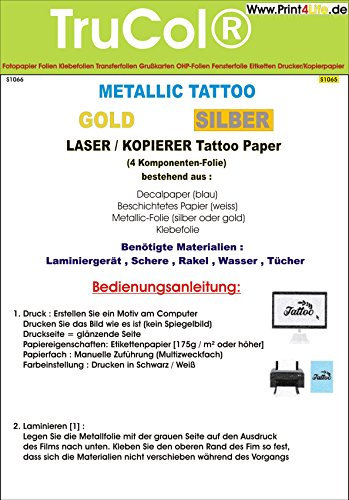Tattoo – Transferfolie Silber FÜR DIE Haut – Metallic Tattoo Silber - zum aufkleben und selbst gestalten - für Laserdrucker und Kopierer (A4 – 5 Blatt) - Tattoofolien