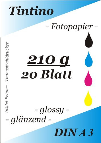 A3-20 Blatt Fotopapier Photopapier DIN - A 3-210g/qm - glossy glaenzend - sofort trocken - wasserfest - hochweiß - sehr hohe Farbbrillianz fuer InkJet Drucker Tintenstrahldrucker