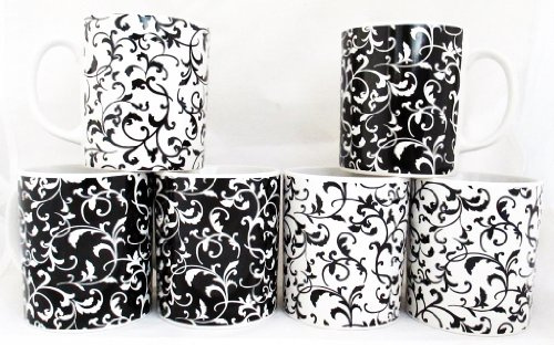 fromeuropewithlove Venetian Black & White Mugs Set of 6 Porcelain Hand Decorated in the UK Free UK Delivery
