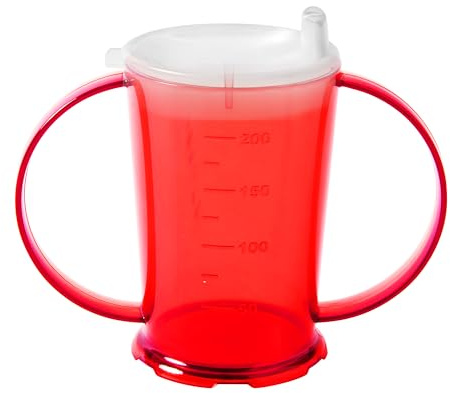 Harfield Translucent Red 2-Handled Beaker & Narrow Spout Drinking Aid Sippy Cup Reusable Virtually Unbreakable Copolyester Plastic