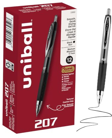 uniball™ 207 Gel Pens, Black Ink, 0.7mm Medium Point, Retractable, 12 Count