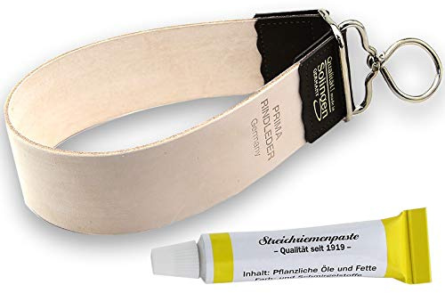 Streichriemen Abziehleder aus Solingen mit Pflegepaste für Rasiermesser | Lederriemen Made in Germany zum schärfen von Rasiermessern