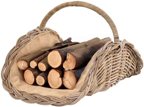 Holzkorb Woody aus Kubu-Rattan Naturrohr (Kubu Grau), Kaminkorb/Kaminholzkorb Natur mit Jute ausgeschlagen