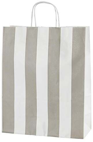 Thepaperbagstore 25 högkvalitativa papperspåsar med tvinnade handtag - ljusgrå och vita ränder- Medium 250 x 110 x 310 mm