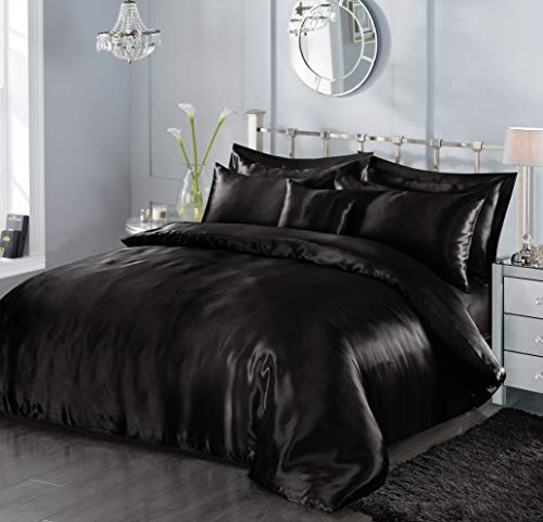 7 Piece Satin Sheets Super Soft Shiny Bedding Sets, 1 x Duvet Cover, 1 x Fitted Bed Sheet, 4 x Pillow Cases, 1 x Cushion Cover, Full Complete Bed Set (Black, Double)