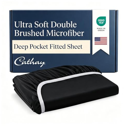 Cathay Home Luxury Wrinkle And Fade Resistant Double Brushed Ultra Soft Microfiber 14-inch Standard Pocket Single Fitted Sheet, Black, Full