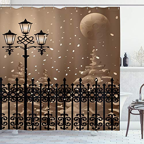 Ambesonne Evening Shower Curtain, Frozen Scenery Iron Fences City Evening Snow Full Moon Graphic Sepia Colors, Cloth Fabric Bathroom Decor Set with Hooks, 69 W x 84 L, Pale Brown Black