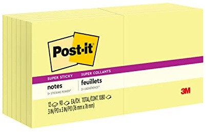 Post-it Super Sticky Notes, 12 Sticky Note Pads, 3 x 3 in., School Supplies, Office Products, Sticky Notes for Vertical Surfaces, Monitors, Walls and Windows, Canary Yellow