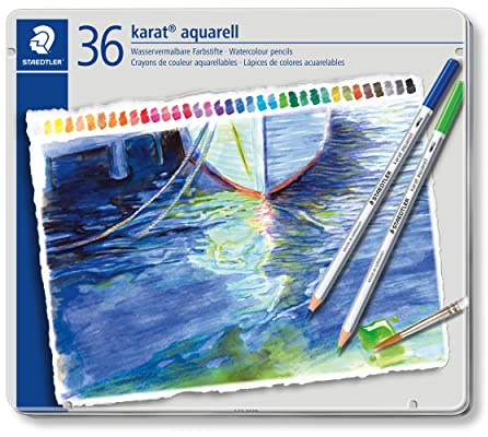 Staedtler Karat Aquarell, Crayons de couleur aquarellables de qualité professionnelle, Grande miscibilité des couleurs, Boîte métal de 36 crayons assortis, 125 M36