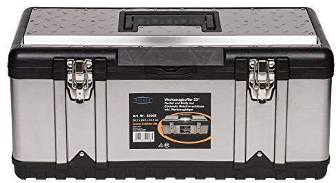 Werkzeugkoffer PROFI aus Edelstahl mit robustem Kunststoff-Rahmen und herausnehmbaren Werkzeugträger. Mit Metallverschlüssen, abschließbar. (23 Zoll)