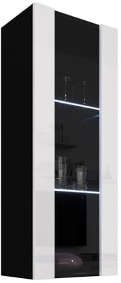 MB Muebles Bonitos, Vitrina Colgante Nora V2 para Salón o Comedor Moderno con Luz LED, Mueble Modular, Puerta de PVC Alto Brillo, Estructura Melamina Mate, Color Negro y Blanco, 40x126x29 cm