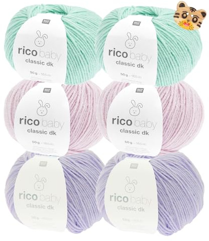 Woll-Set Babywolle Rico Baby Classic 6x50g #9N | mit Tierknopf, weiche Wolle zum Stricken und Häkeln [83EUR/kg]