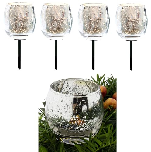 4-TLG. Set Teelichtgläser für Gestecke mit 7 cm langem Metallpick - Bauernsilber Gesteckteelichthalter Adventskranzstecker