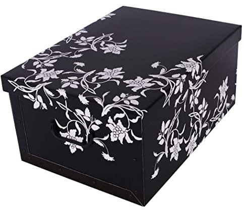 Kreher XXL Dekokarton, Aufbewahrungsbox mit Deckel und Griffen. 45 Liter Volumen. Verschiedene Motive (Barock Blume Schwarz)