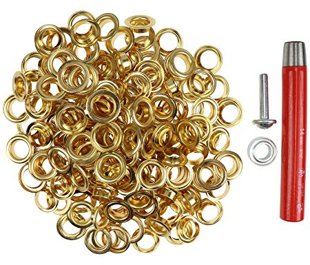 100 Stück Ösen 14mm rostfrei mit Scheiben + Locheisen & Ösenwerkzeug – Komplettset für Leder, Stoff, Planen, Bastelarbeiten, Outdoor, Zelte, Textilien – geprüfte Qualität (gold)