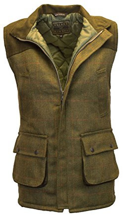 WALKER AND HAWKES Herren Country-Weste aus Tweed mit verstärkten Schultern - für die Jagd geeignet - Dunkles Salbeigrün - Größe L (42-44)