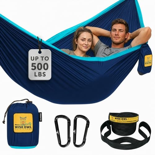 Wise Owl Outfitters Camping Hammock - Single or Double Sized Indoor & Outdoor Hammocks w/ Storage Bag - Backpacking and Travel Accessories - Navy & Lt Blue