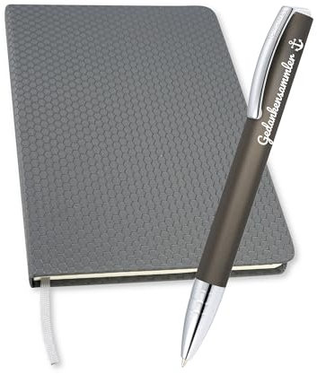 Online Schreibset I edler Kugelschreiber mit Gravur Vision Stone Schreibfarbe schwarz und Bullet Journal Notizbuch Schwarz DIN A5 | antibakterielle Oberfläche | 80 g/m² FSC-Papier und Lesezeichen