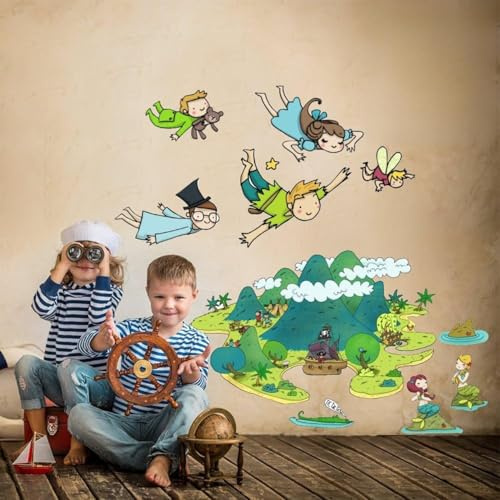 kina - Pegatina Pared Decoración Habitación Niños R00160 - Material Tela Ecológica, Hipoalergénico, Reposicionable, Efecto caricia, Escuela infantil - Gráficos Peter Pan y medir 120x40 cm