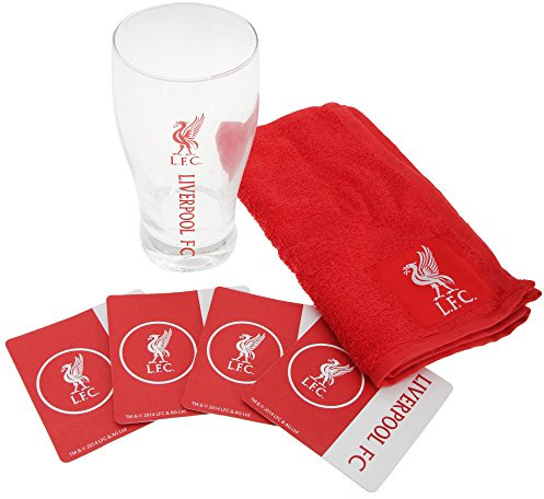 Liverpool FC Official Wordmark Mini Football Bar Set (Pint Glass, Towel & Beer Mats) (One Size) (Red/White) | Pint Glass, Towel & Beer Mats