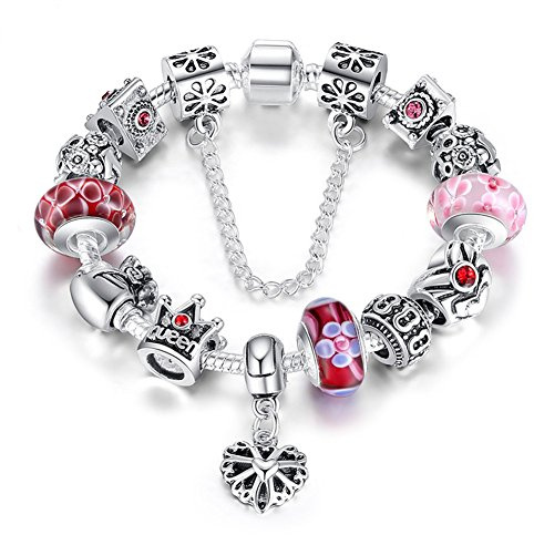 ATE Charm Pulsera Abalorios Corona Corazón Mujeres Cadena Seguridad JWB110