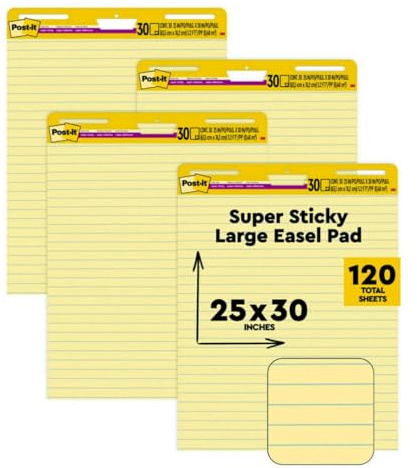 Post-it Super Sticky Easel Pad, 25 x 30 Inches, 30 Sheets/Pad, 4 Pads (561VAD4PK), Yellow Lined Premium Self Stick Flip Chart Paper, Super Sticking Power (561 VAD 4PK)