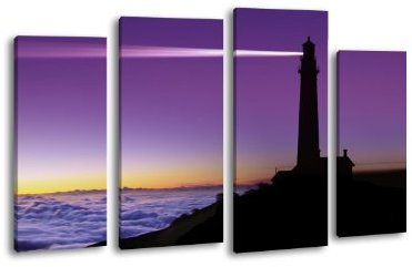 Leinwandbild Leuchtturm LW90 Wandbild, Bild auf Leinwand, 4 Teile, 180x100cm, Kunstdruck Canvas, XXL Bilder, Keilrahmenbild, fertig aufgespannt, Bild, Holzrahmen, Sonnenuntergang, Küste, violett,