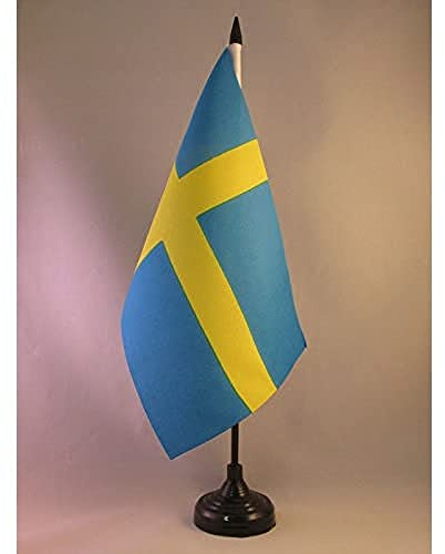 AZ FLAG - Sveriges bordsflagga 22 x 15 cm - svensk kontorsflagga 100% polyester med 25 cm skaft och svart plastbas - 20 g